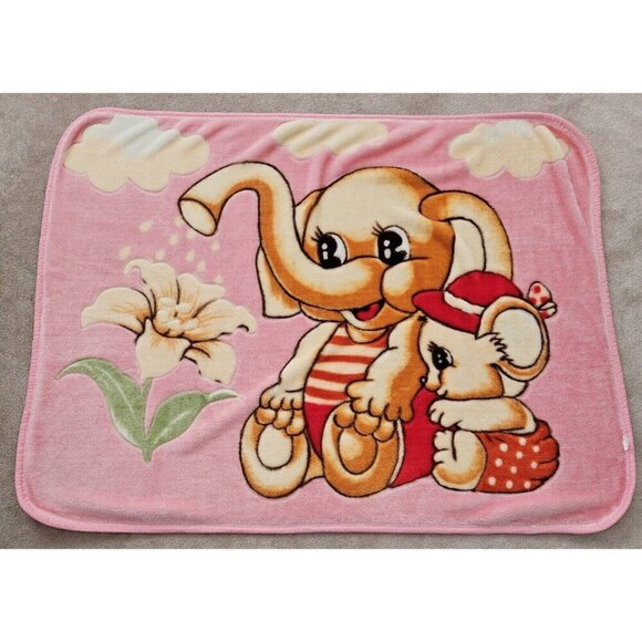 VTG Pink Blanket Elephant Watering Flower Mouse Throw Lap Acrylic Brown Red - Picture 1 of 7